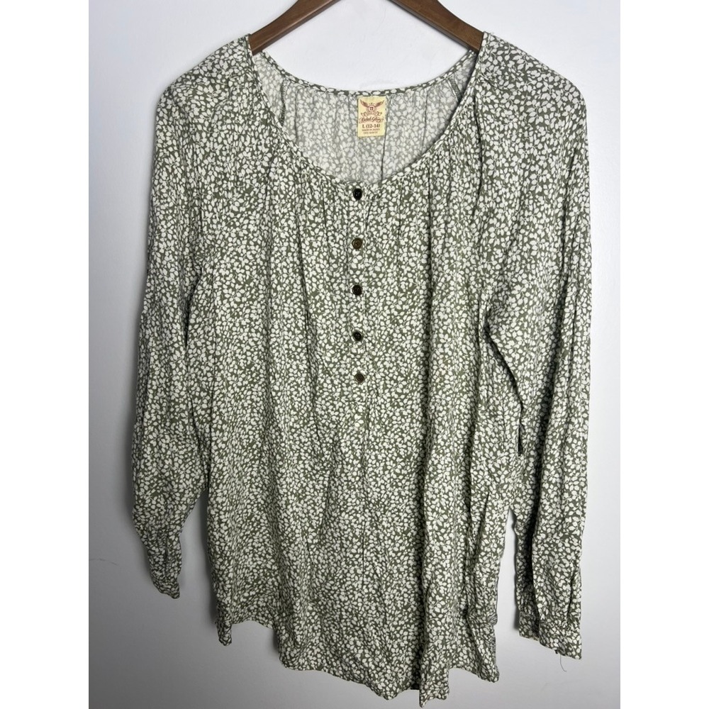 Wm LG Olive Green Floral Henley Blouse Long Sleeve Rayon Top Boho Cottagecore